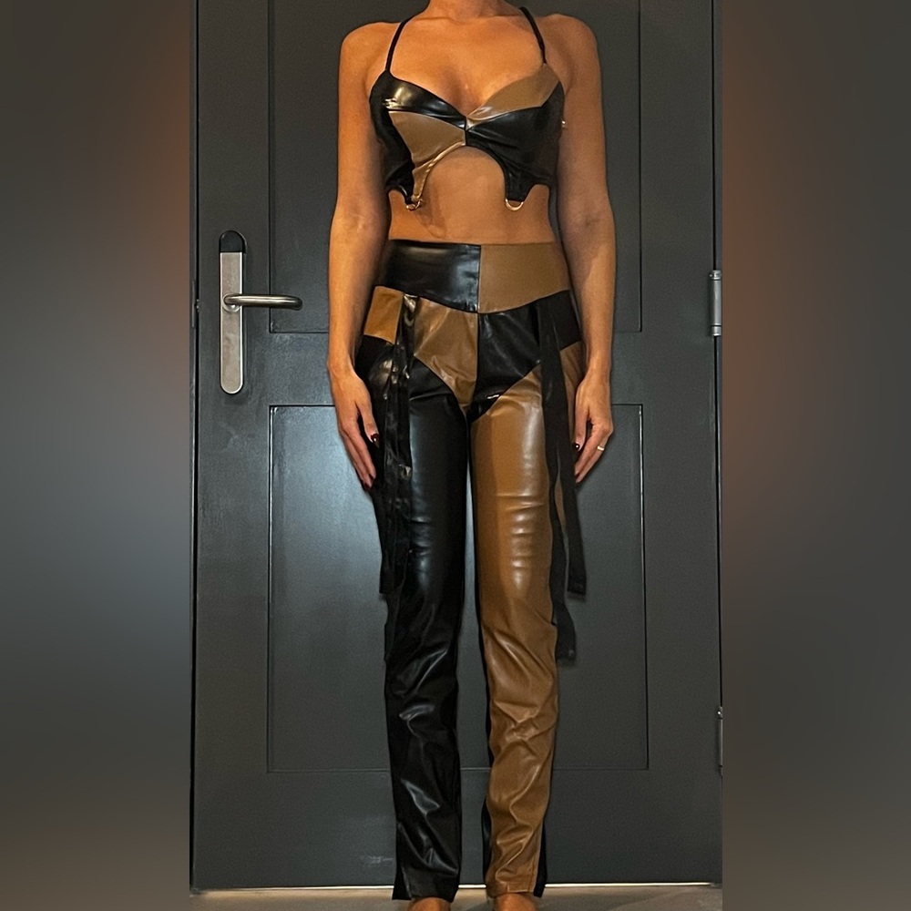 Stylish Black and Brown Women's 2 piece faux leather top and bottom set